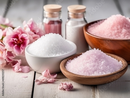 Spa set of spa treatment elements on white wooden,Peonies White towel,pink herbal salt.Generative Ai.