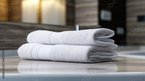 Modern white towels in the bathroom.Generative Ai. © Inlovehem