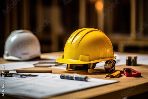  Yellow white red safety helmet on workplace table AI Generated