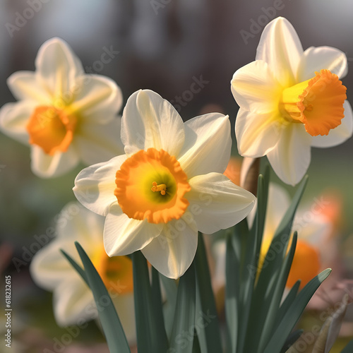 Blooming daffodils in the garden. background