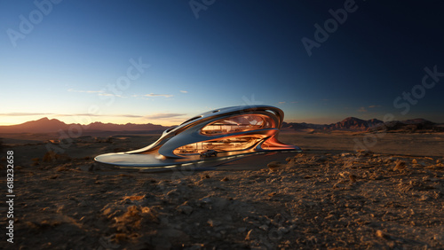 Hypermodernes Gebäude Haus im futuristischen Stil in der Wüste, modernste Architektur von morgen, ai generativ