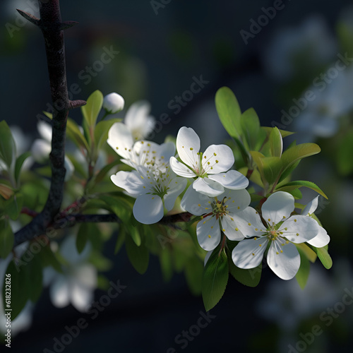 Abstract background. Blossoming branches of an apple tree on a dark background.