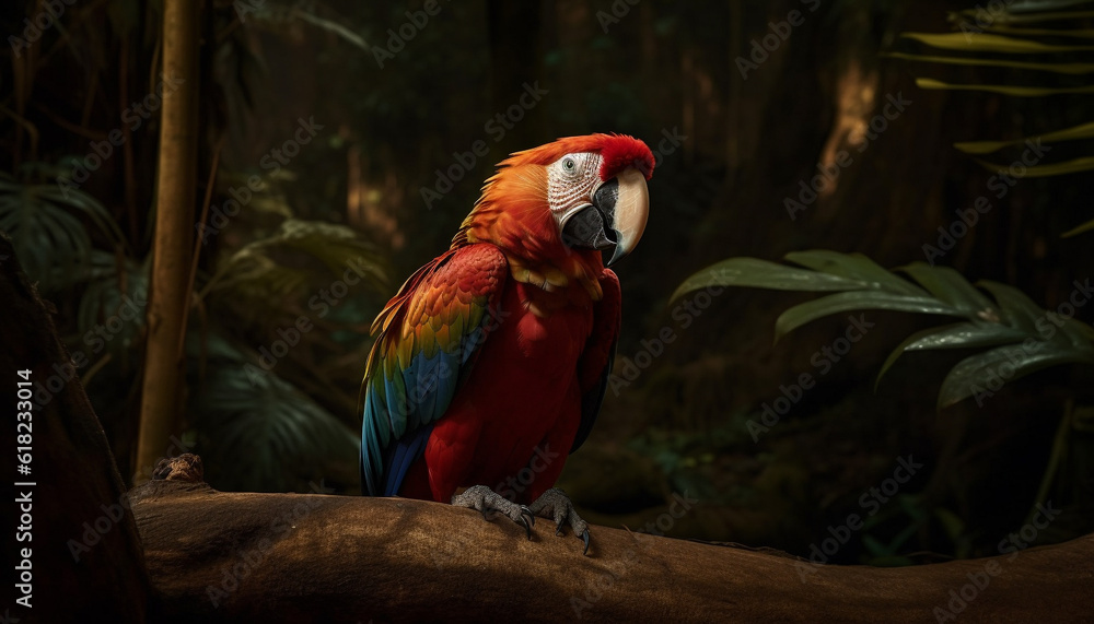 The scarlet macaw perches on green branch generated by AI