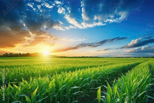 Beautiful Environment Landscape of Cornfield Agriculture Harvest in Asia Country with Majestic Sunset Sky Background: Generative AI