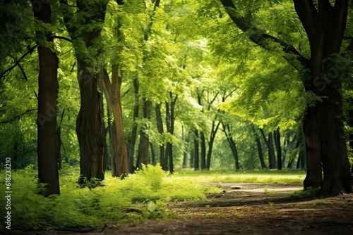 Beautiful Green Summer Forest Backdrop. Spring Background with Stunning Landscape, Nature Environment and Leaves: Generative AI