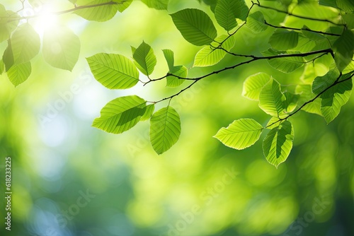 Beech Leaves in Sunlight. Green Tree Branch with Young Leaves in Copy Space. Spring and Summer Concept with Sun Shining Through Leaves. Generative AI