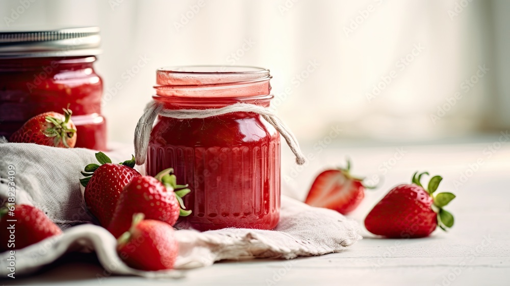Köstliche, selbstgemachte Bio-Erdbeermarmelade in Einmachgläsern auf einem weißen Holztisch mit Erdbeeren, Generative AI Köstliche, selbstgemachte Bio-Erdbeermarmelade in Einmachgläsern auf einem weißen Holztisch mit Erdbeeren, Generative AI