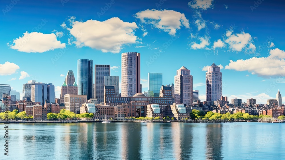 Fototapeta premium Boston Financial District Skyline with Downtown and Banks in the Background. A View of the City's Economy and Business Landscape: Generative AI