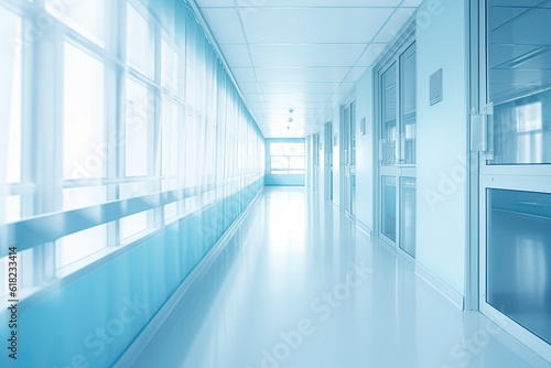 Blurred Image Background of Hospital Corridor with Soft Blue Tones for Medical Care Concept. Generative AI © Serhii
