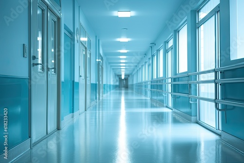 Blurred Image Background of Hospital Corridor with Abstract Tones and Blue Hue for Adult Care or Clinic Concept: Generative AI