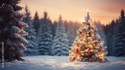Snowman in a winter Christmas scene with snow, pine trees and warm light