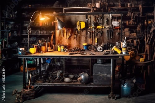 photo welding workplace desk with stuff and equipment AI Generated © NikahGeh