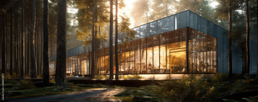 modern house in deep forest, moody mountain forest, generative ai