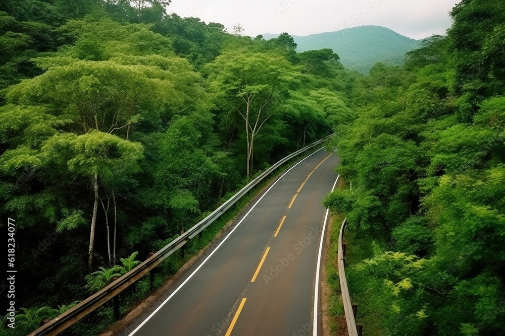 Road winds through the lush forest with modern cars driving through the trees.Generative Ai.