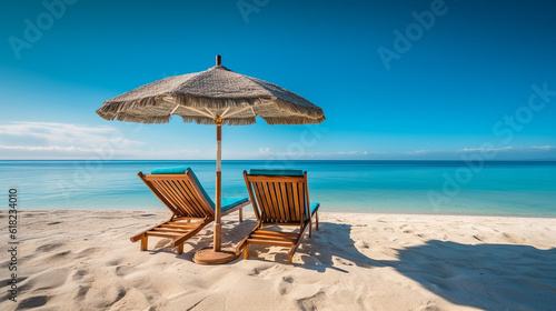 Landscape beach chairs and umbrella on stunning tropical beach.Generative Ai.