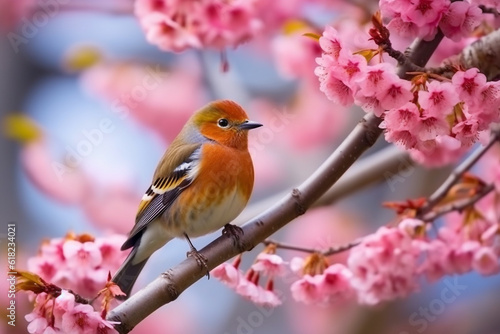 Beautiful bird sitting on the tree branch with sakura flower background.Generative Ai. © Inlovehem