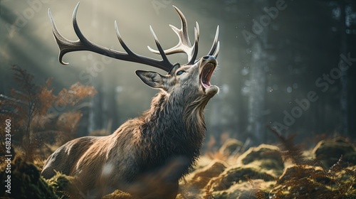 Stag bellowing in a meadow in foggy weather photo