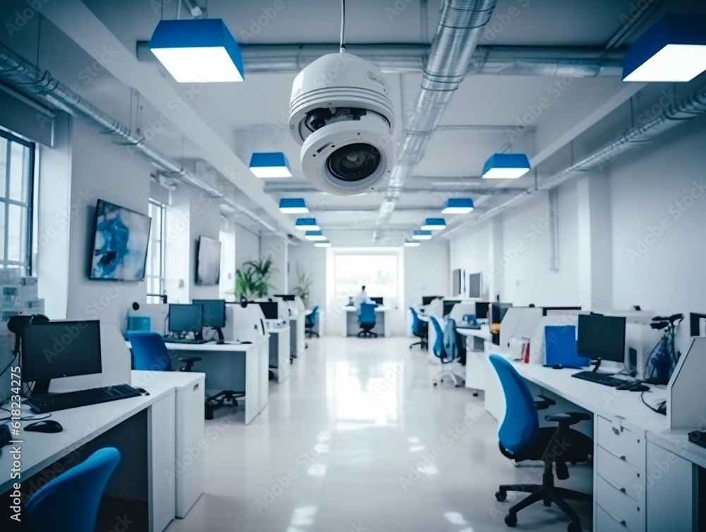 Modern CCTV security camera on monitor in office building.Generative Ai. Modern CCTV security camera on monitor in office building.Generative Ai.