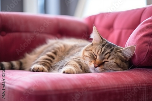 American shorthair cat sleeping on a couch in living room.Generative Ai.