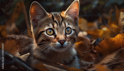 Fluffy kitten sitting in autumn grass, staring generated by AI © Gstudio
