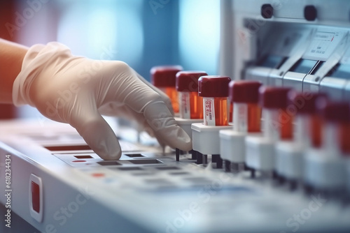 Fototapet Pharmacist using blood test equipment in hospital background