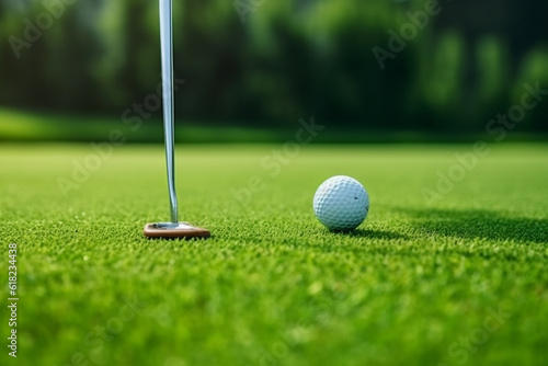 Golfer putting golf ball on the green golf with blue sky.Generative Ai.
