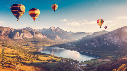 Colorful hot air balloons float over mountain with blue sky.Generative Ai. © Inlovehem