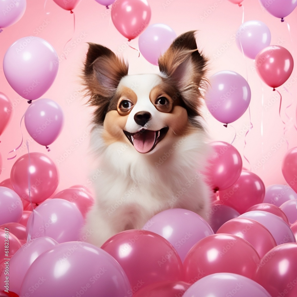 A photorealistic image of a Papillon puppy surrounded pink love-shaped balloons