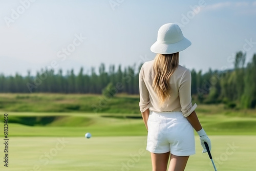 Golfer playing golf on the course with blue sky.Generative Ai.
