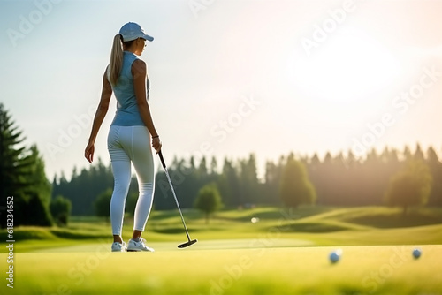 Golfer playing golf on the course with blue sky.Generative Ai.