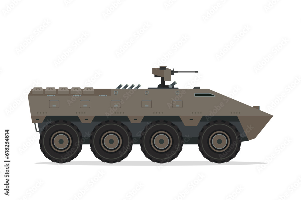 Armored personnel carrier. Vector element flat style illustration. Side view. Isolated APC on white. Military Vehicle