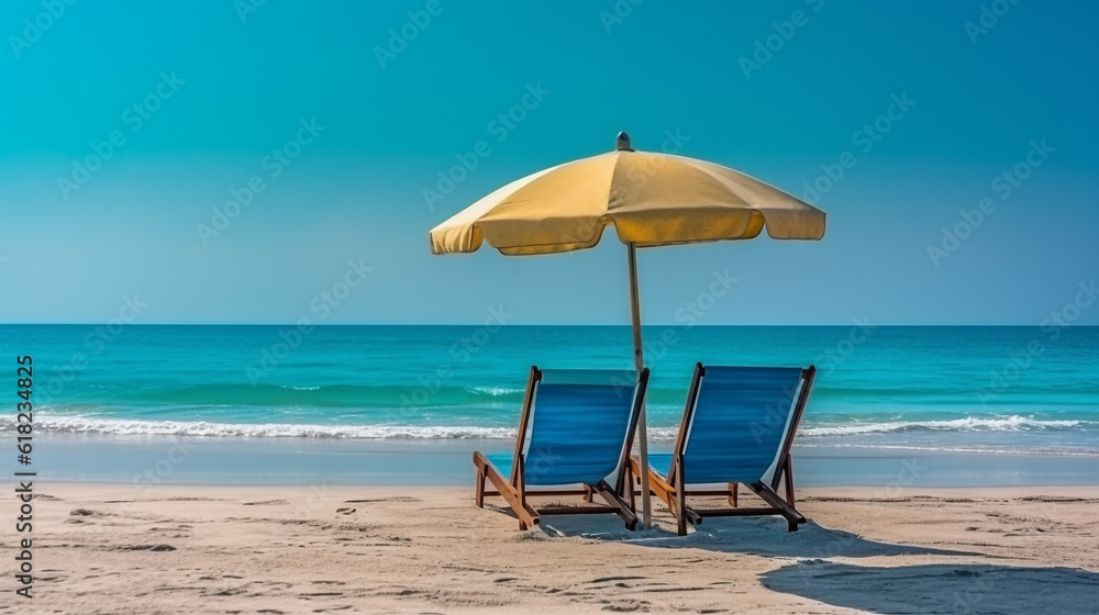 Landscape beach chairs and umbrella on stunning tropical beach.Generative Ai. Landscape beach chairs and umbrella on stunning tropical beach.Generative Ai.