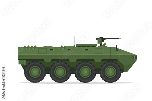 Armored personnel carrier. Vector element flat style illustration. Side view. Isolated APC on white. Military Vehicle