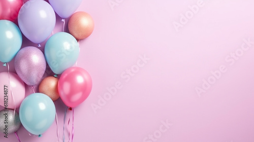 Pastel pink background with colorful balloons,copy space,birthday or party greeting card.Generative Ai.