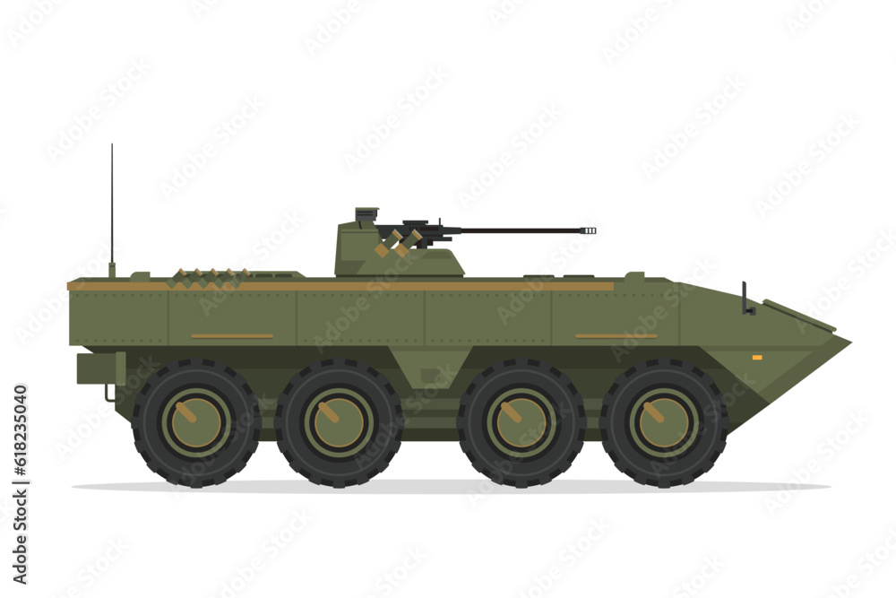 Armored personnel carrier. Vector element flat style illustration. Side view. Isolated APC on white. Military Vehicle Armored personnel carrier. Vector element flat style illustration. Side view. Isolated APC on white. Military Vehicle