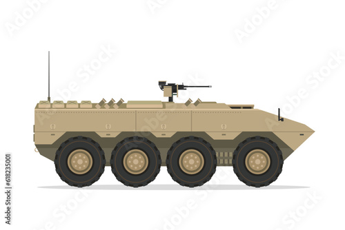 Armored personnel carrier. Vector element flat style illustration. Side view. Isolated APC on white. Military Vehicle