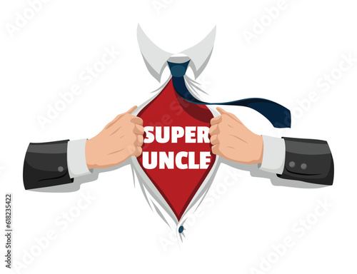 Opening shirt superhero. Office worker or businessman tearing his shirt to show text in flat cartoon style. Business success concept in pop art comic style. Vector illustration