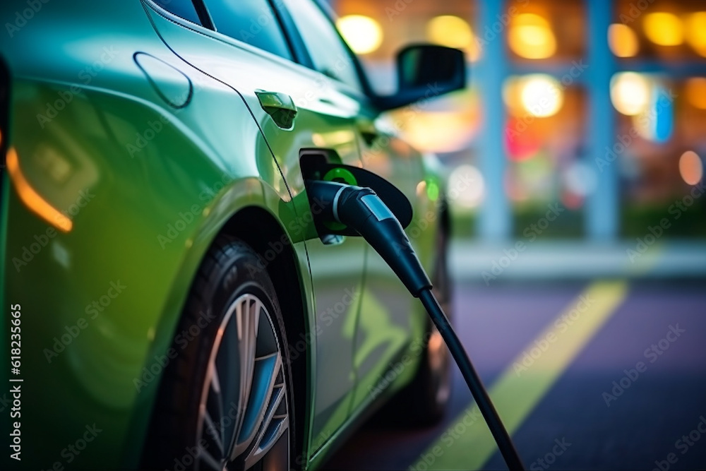 Close up electric vehicle charging car plugged at charging station.Generative Ai.
