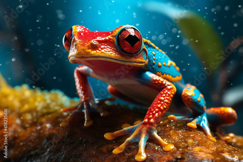 Colorful cute frog in the forest.Generative Ai.