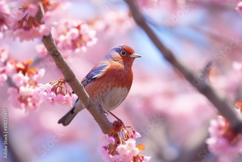 Beautiful bird on branch sakura.Generative Ai.