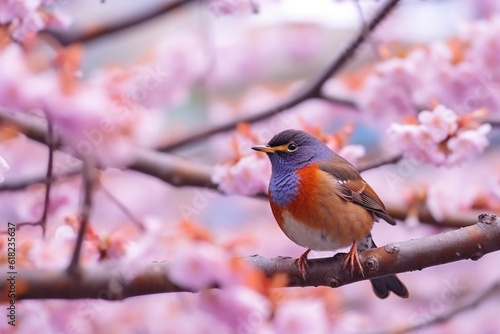 Beautiful bird on branch sakura.Generative Ai. © Inlovehem