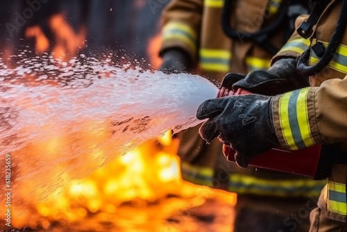 Firefighters use fire extinguishers and spray water.Generative Ai.