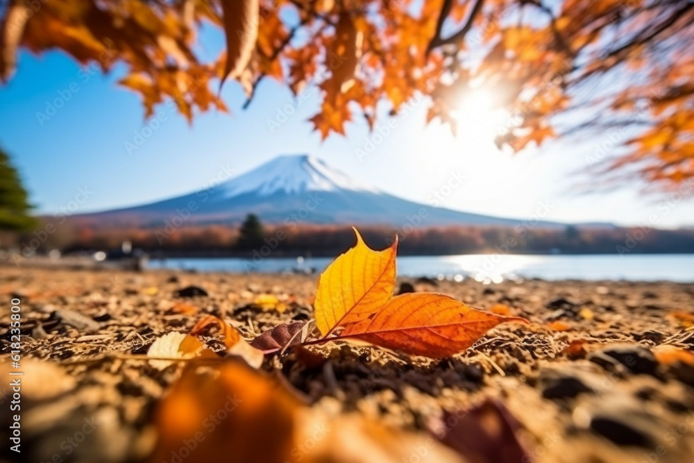 Colorful autumn leaf spring with fuji mountain background.Generative Ai.