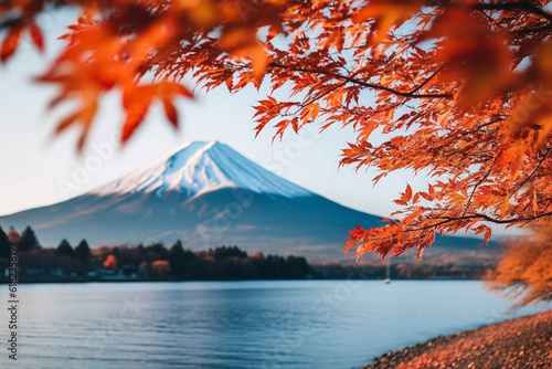 Colorful autumn leaf spring with fuji mountain background.Generative Ai. © Inlovehem