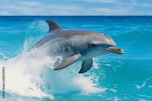 Dolphin leaping jumping on seas and wave sea with blue sky.Generative Ai.