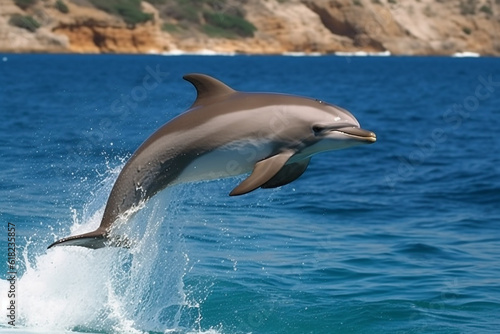Dolphin leaping jumping on seas and wave sea with blue sky.Generative Ai.