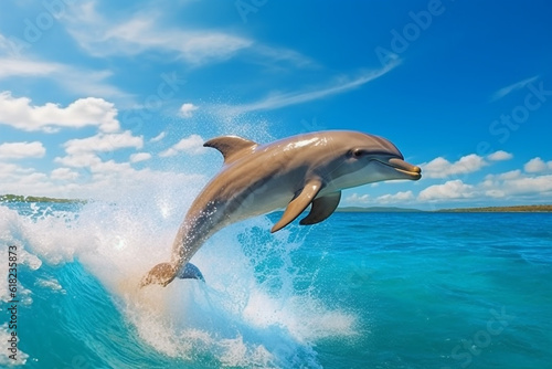 Dolphin leaping jumping on seas and wave sea with blue sky.Generative Ai.