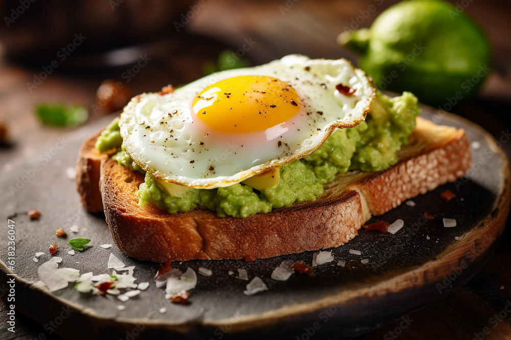 Toast with Guacamole and Fried Egg.Generative Ai.