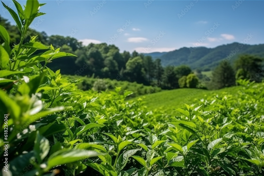 Green Tea field plantation with beautiful wide angle with blue sky.Generative Ai. Green Tea field plantation with beautiful wide angle with blue sky.Generative Ai.