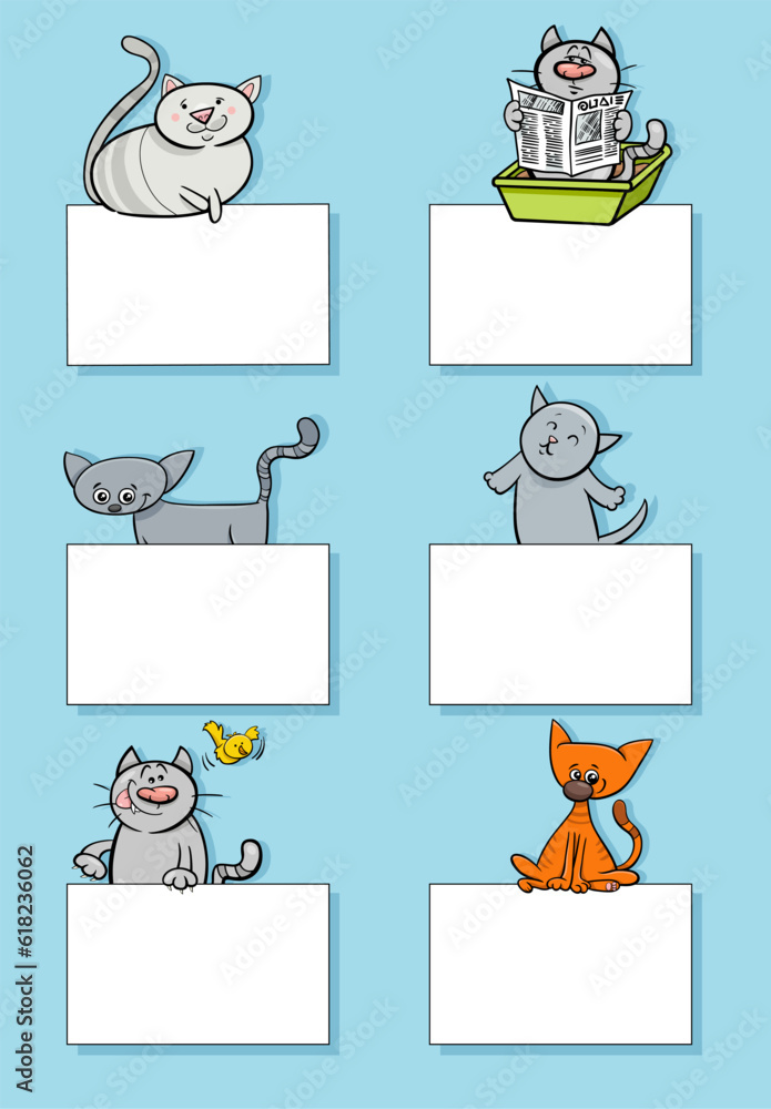cartoon cats and kittens with cards design set